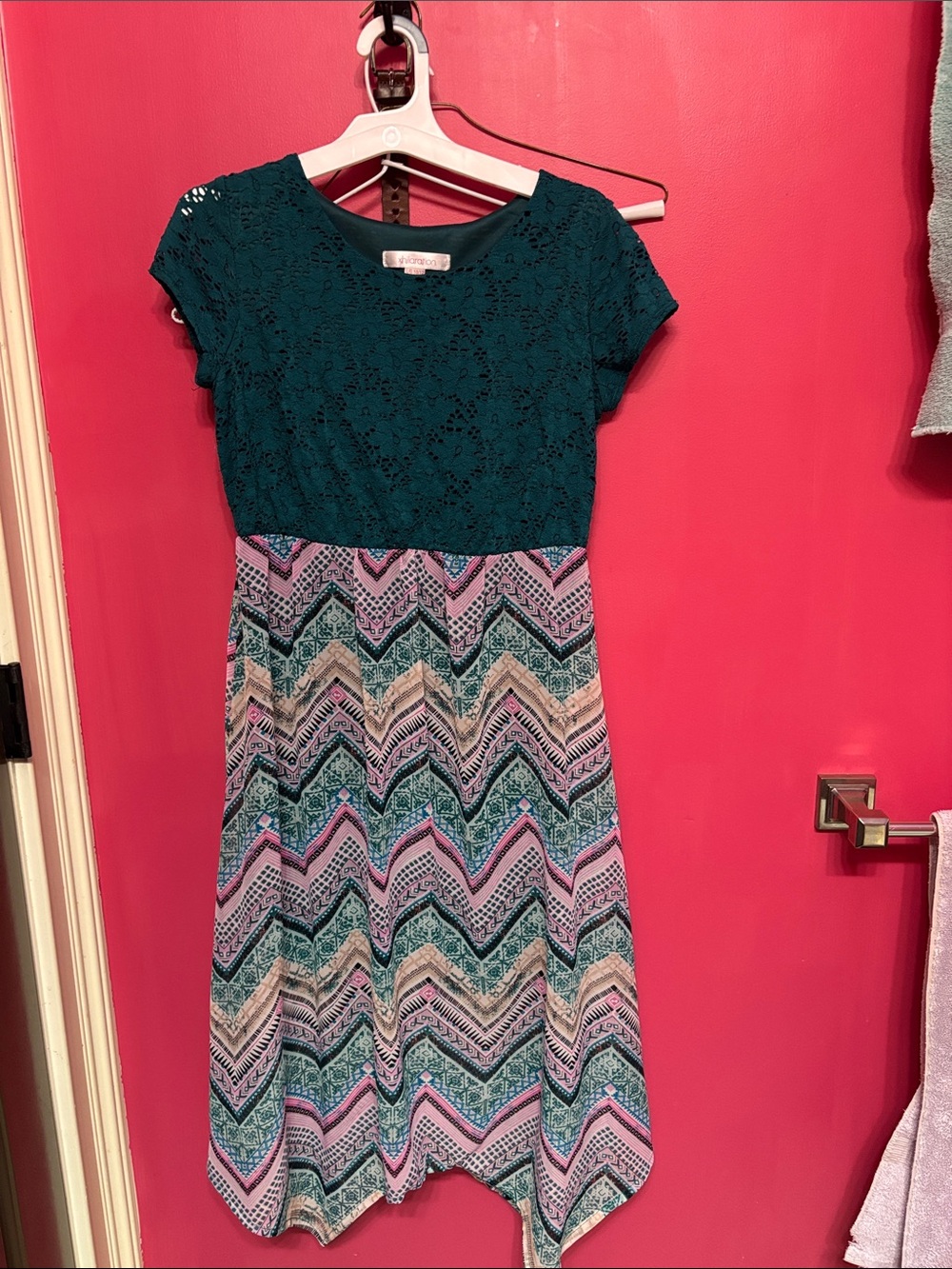 Teal Lace Top Chevron Print Midi Dress